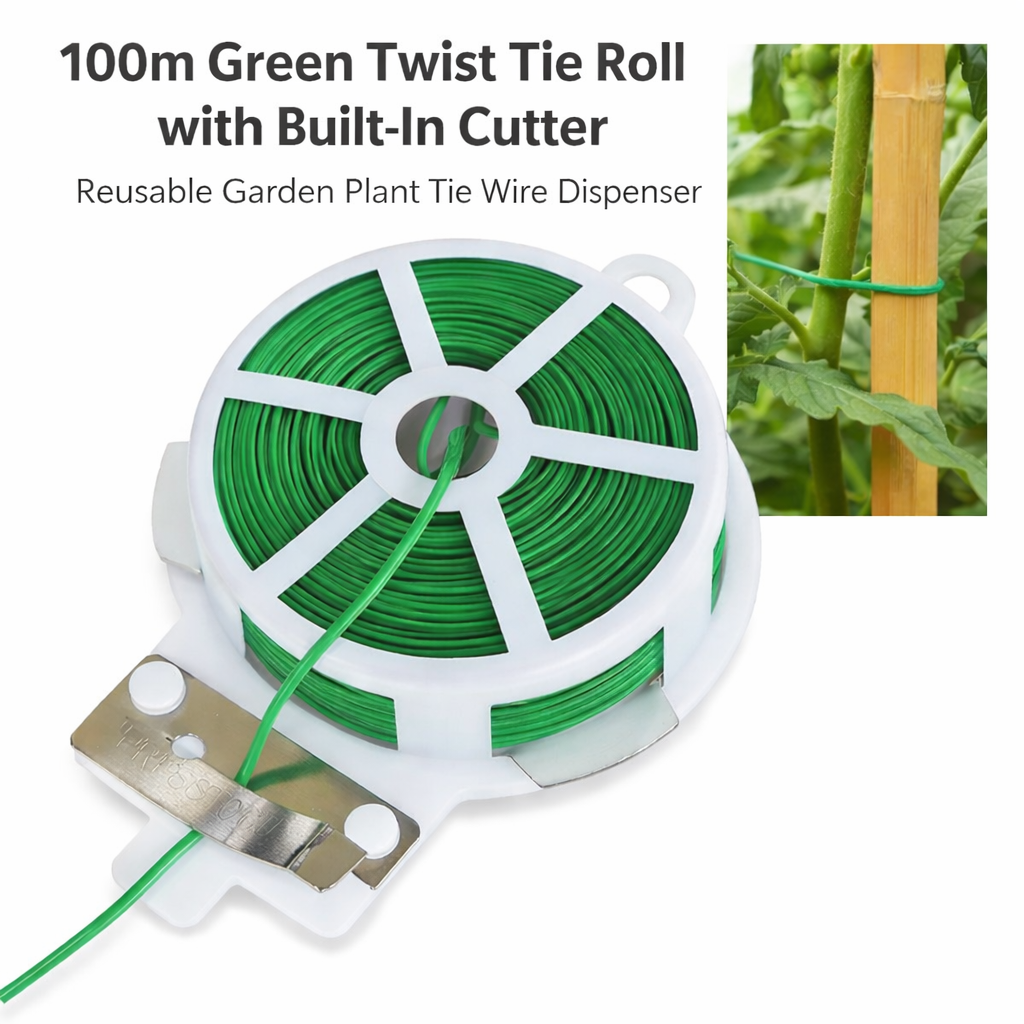 100m Green Twist Tie Roll with Built-In Cutter – Reusable Garden Plant Tie Wire Dispenser - South East Clearance Centre