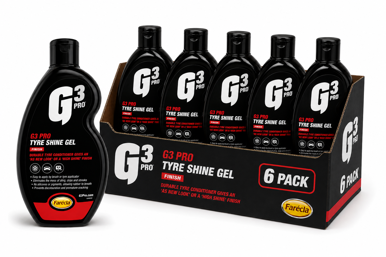 (6 Pack) Farecla G3 Pro Tyre Shine Gel 500ml – High Shine Tyre Dressing