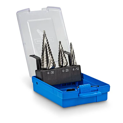 SUTTON 4-12mm, 4-20mm, 4-30mm HSS Spiral Step Drill Set - 3 Piece D504SET3