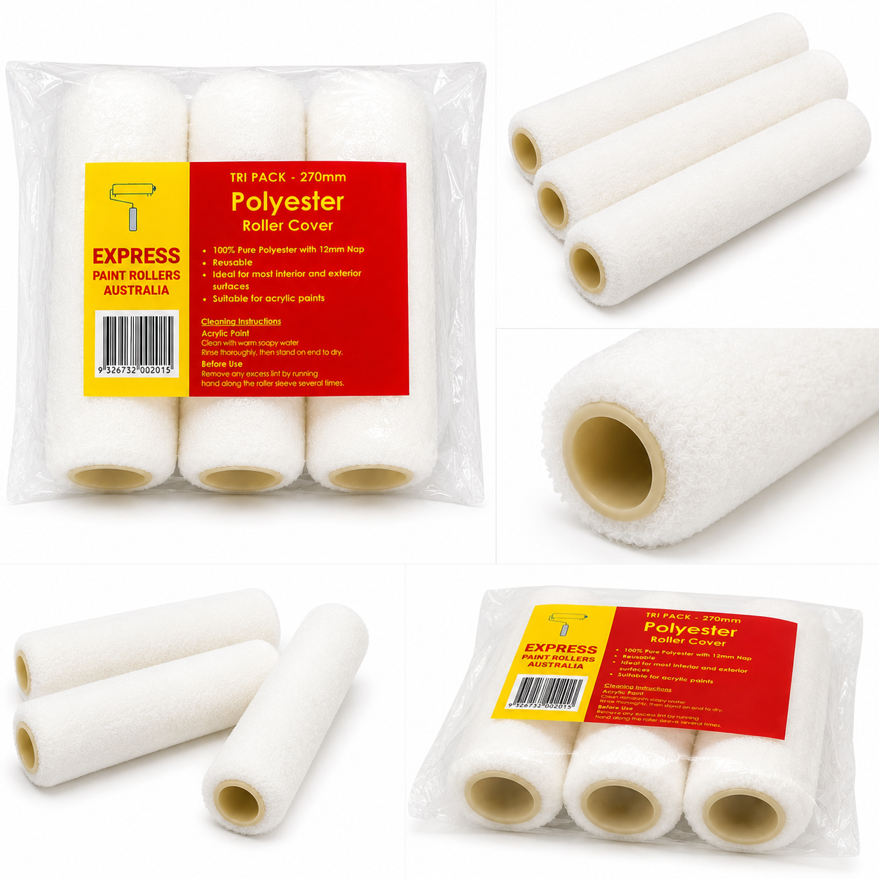 Express 270mm Polyester Paint Roller Covers 3 Pack | 12mm Nap | Reusable Roller Sleeves for Acrylic Paint