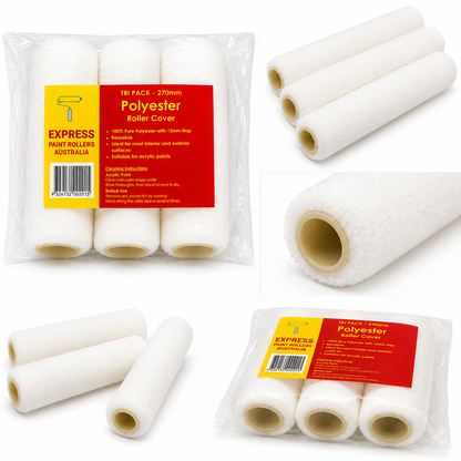 Express 270mm Polyester Paint Roller Covers 3 Pack | 12mm Nap | Reusable Roller Sleeves for Acrylic Paint