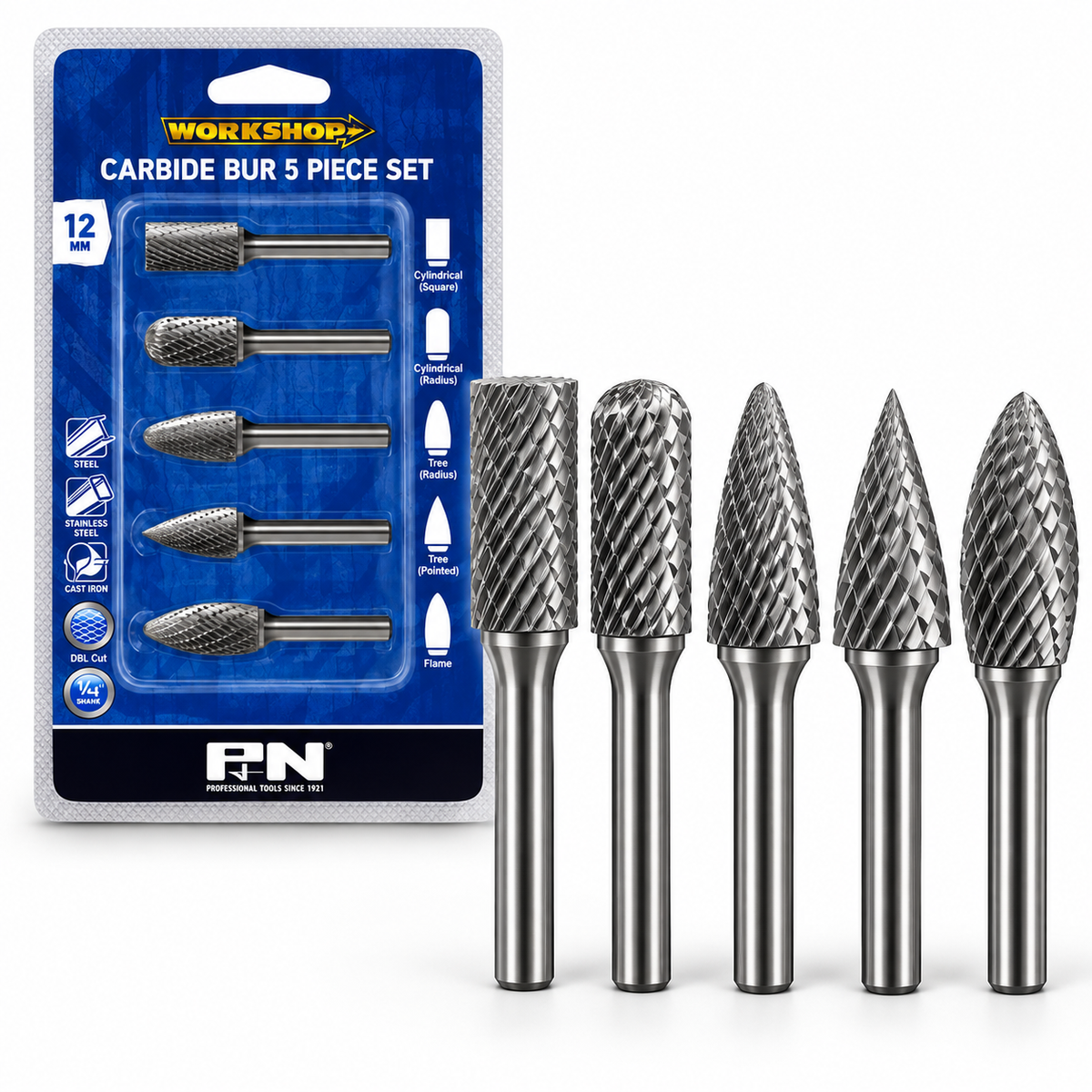 P&N Workshop Bur Set 5Pce 1/4″ Shank Double Cut VHM Bright – 918CRSET5S
