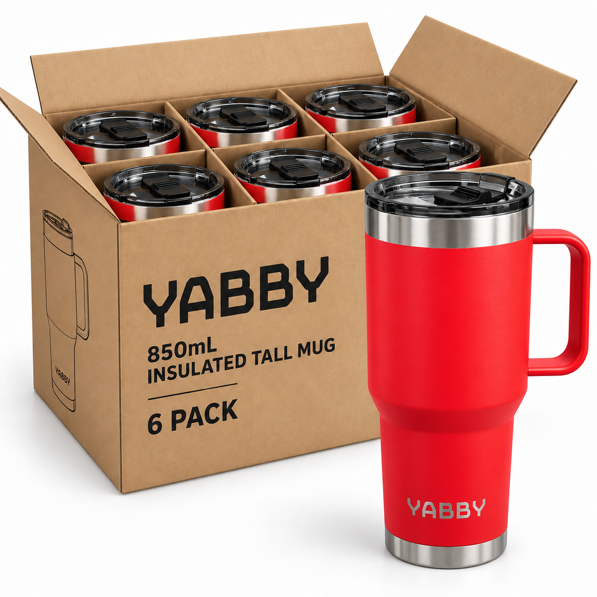 (6 Pack) 850ml Yabby Insulated Stainless Steel Tumbler With Handle - South East Clearance Centre