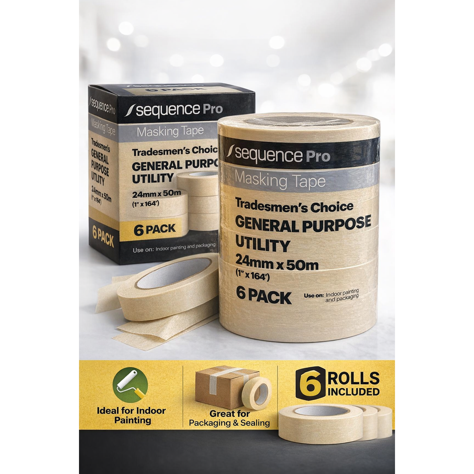 Sequence Pro Masking Tape 24mm x 50m – General Purpose Utility Painters Tape (6 Pack) - South East Clearance Centre