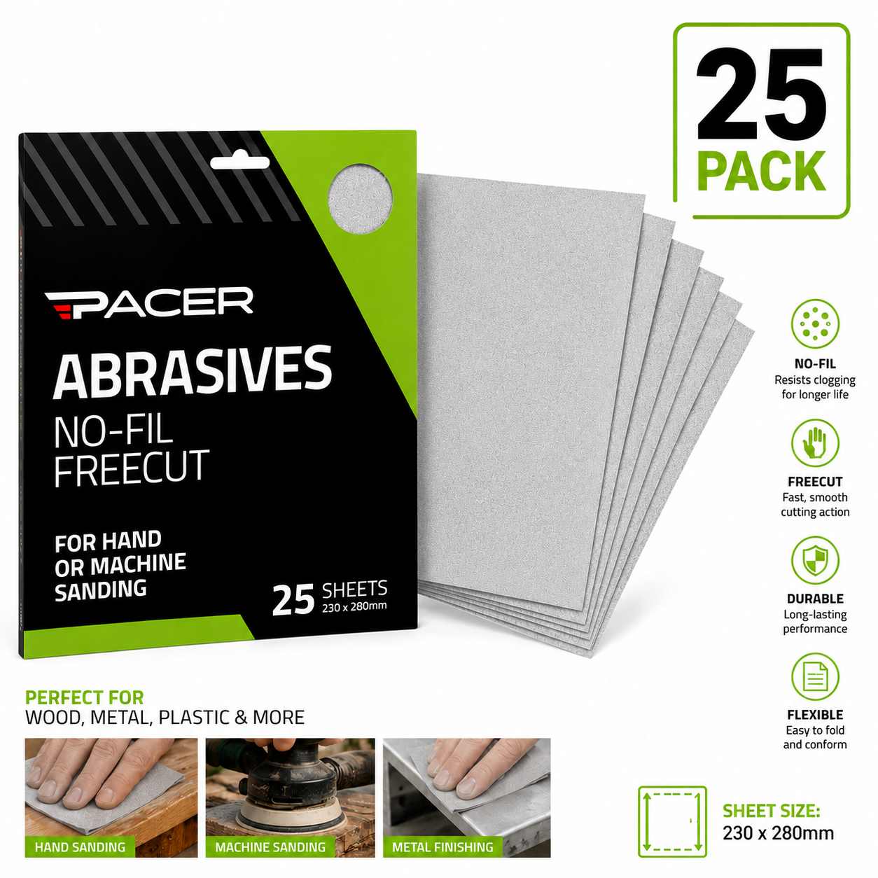 (25 Pack) - PACER Abrasives No-Fil Freecut Sandpaper Sheets 120 Grit 230 x 280mm - South East Clearance Centre