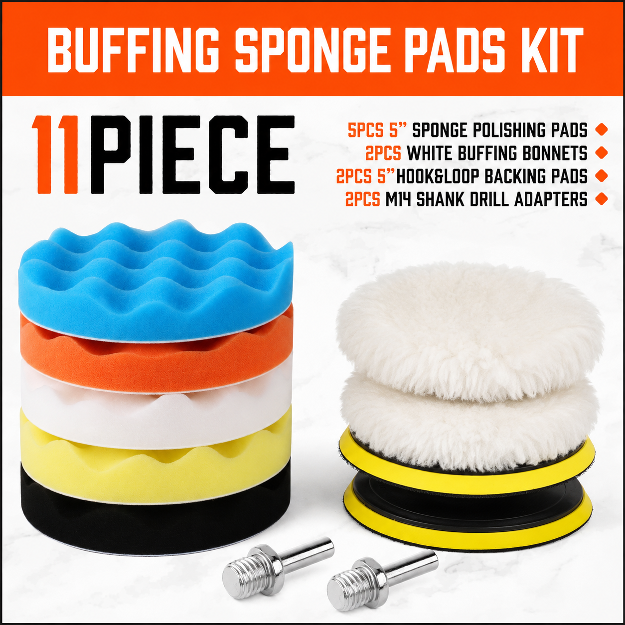 11 Piece 5" Buffing & Polishing Pad Kit – Foam Polishing Pads, Wool Buffing Bonnets, Hook & Loop Backing Pads & M14 Drill Adaptors