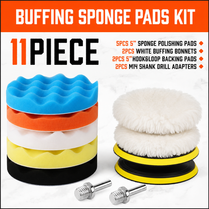 11 Piece 5" Buffing & Polishing Pad Kit – Foam Polishing Pads, Wool Buffing Bonnets, Hook & Loop Backing Pads & M14 Drill Adaptors