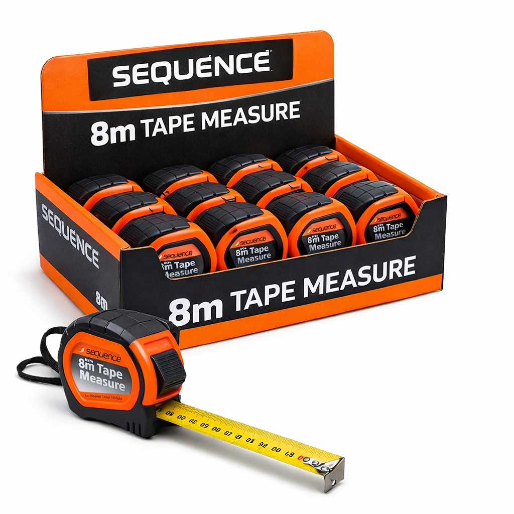 Sequence 8m Tape Measure (26ft) – Heavy Duty Rubber Grip (Box of 12) - South East Clearance Centre
