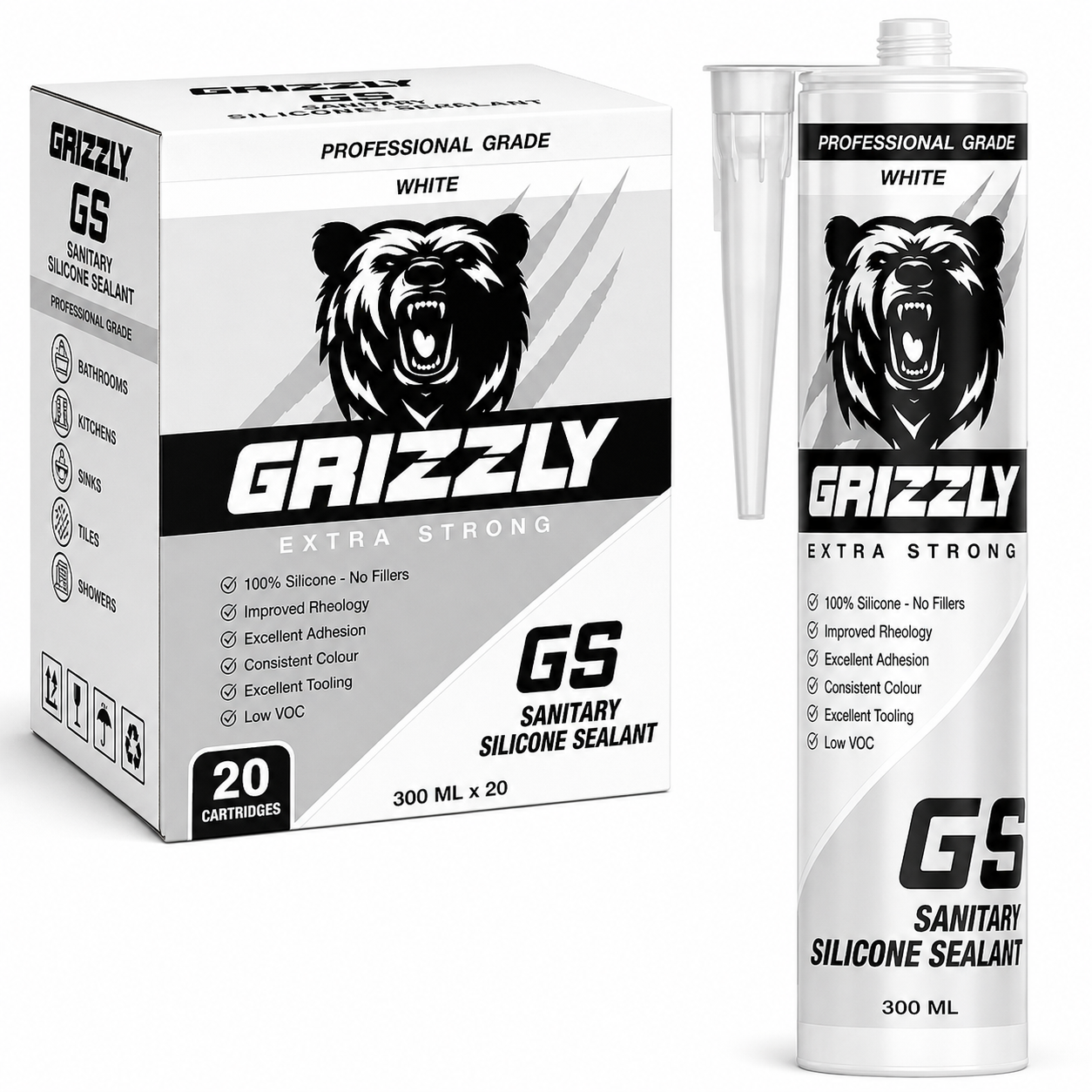 Grizzly G9 Sanitary Silicone Sealant 300ml – WHITE | 100% Silicone | UV & Weather Resistant - Box of 20 - South East Clearance Centre