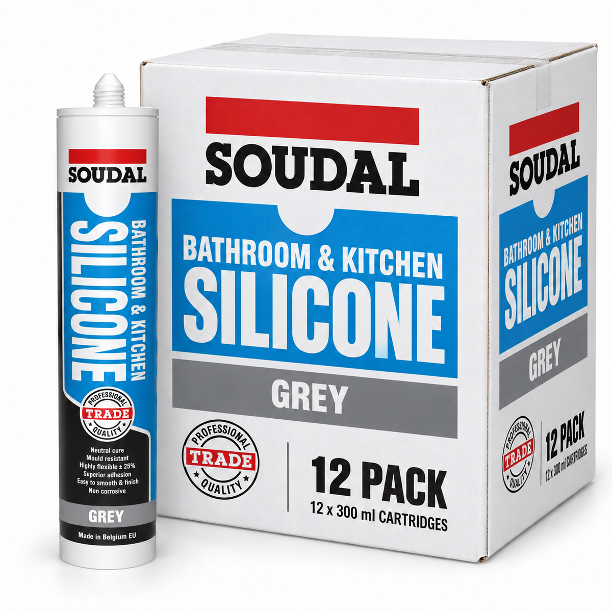 Soudal 154228 Trade Professional Bathroom & Kitchen Silicone Grey 300ml Box of 12