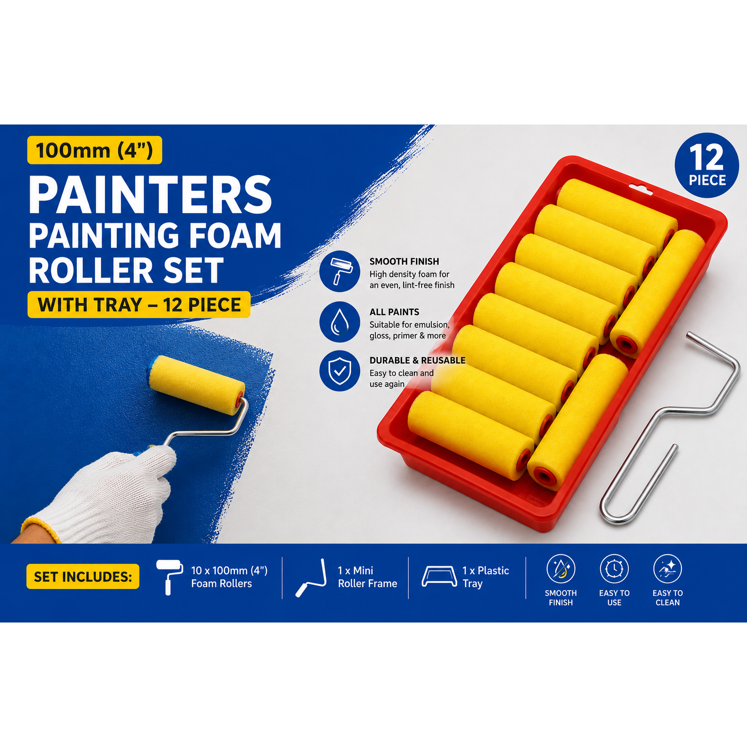 100mm (4") Painters Painting Foam Roller Set with Tray – 12 Piece