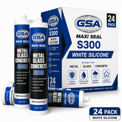 GSA S300 Trade Silicone Neutral Cure S300 Metal Glass Concrete, Roof & Gutter | White (Box of 24)