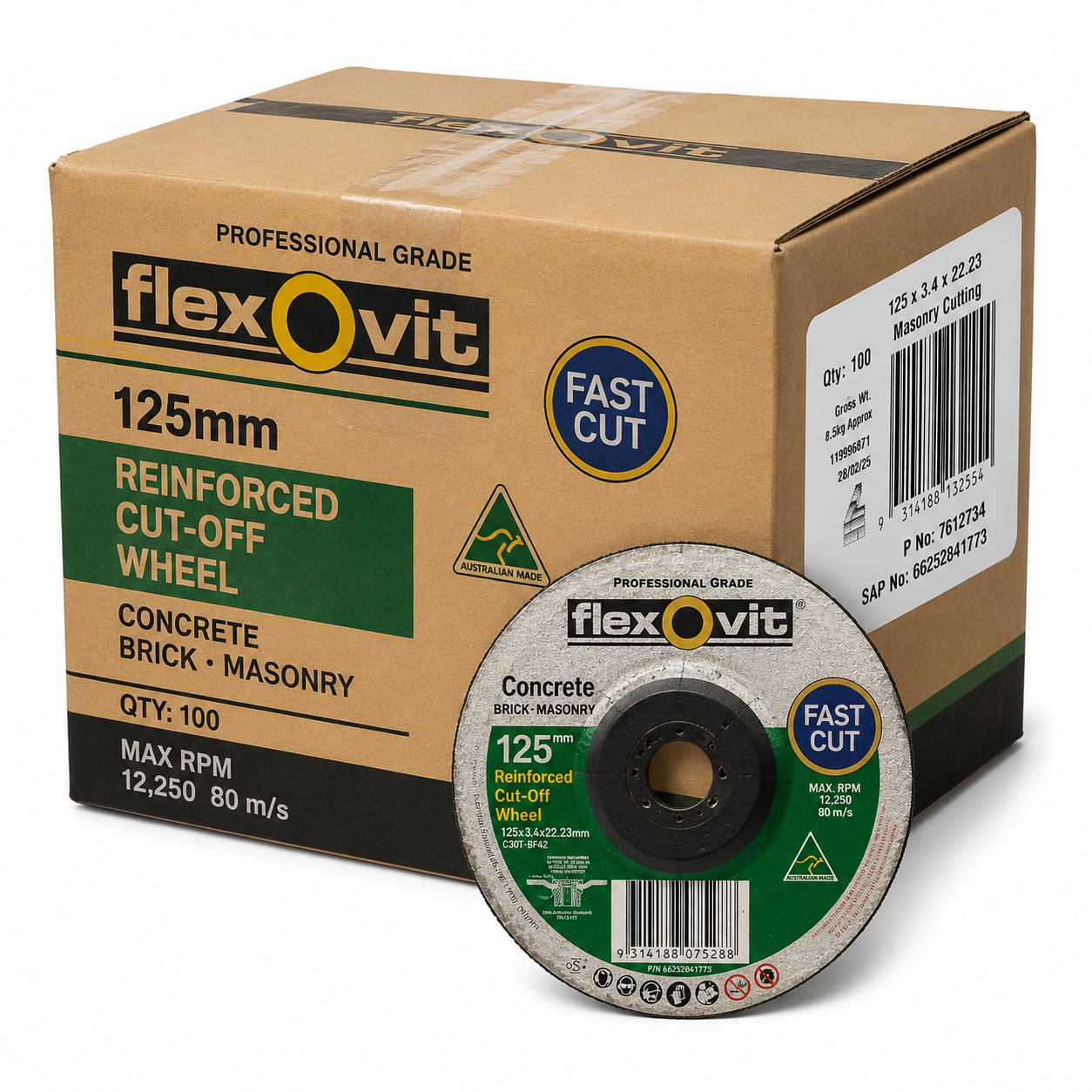 Flexovit 125mm Reinforced Masonry Cut-Off Wheel 125 x 3.4 x 22.23mm – Box of 100