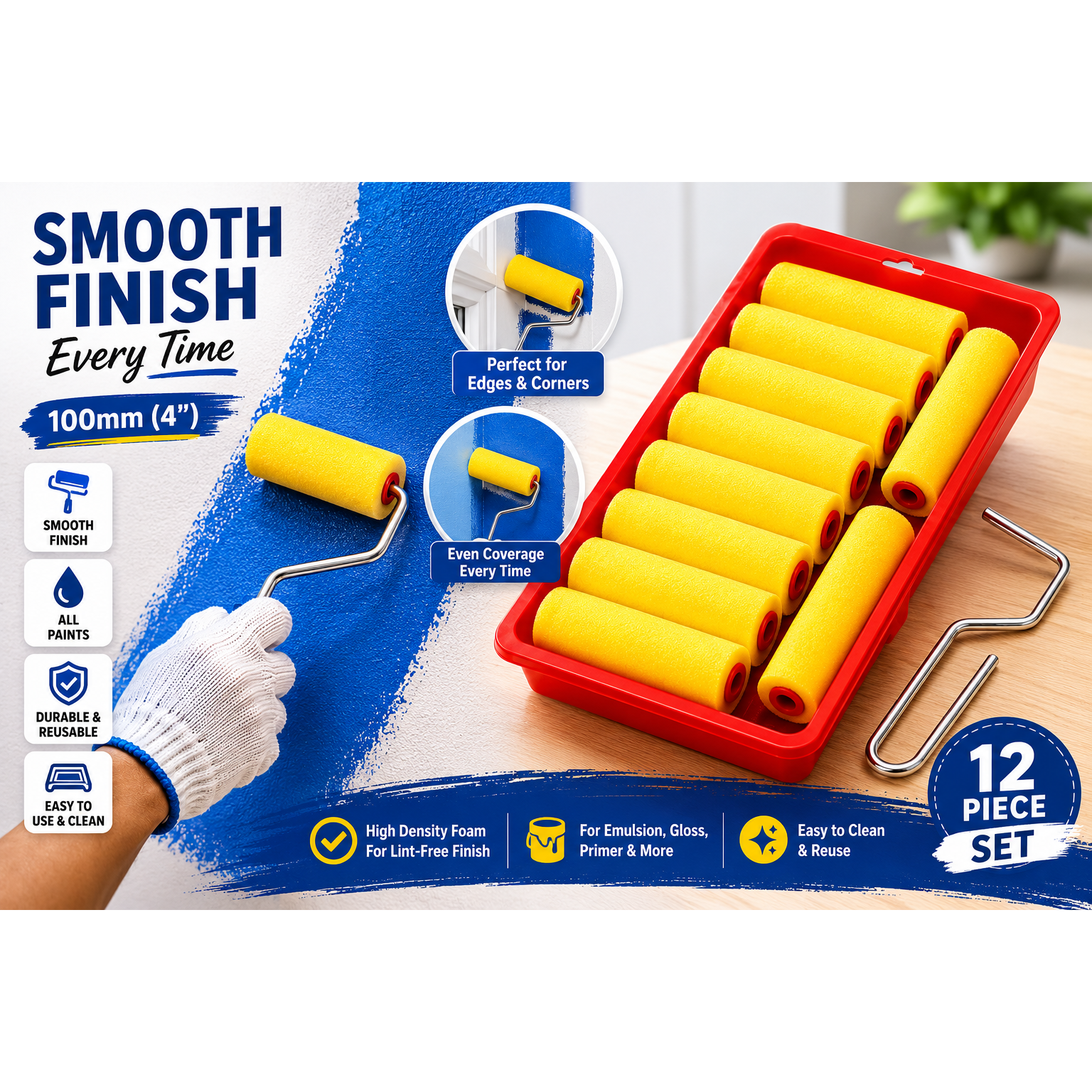 100mm (4") Painters Painting Foam Roller Set with Tray – 12 Piece