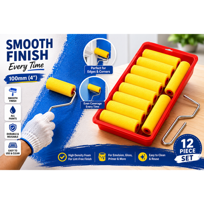 100mm (4") Painters Painting Foam Roller Set with Tray – 12 Piece