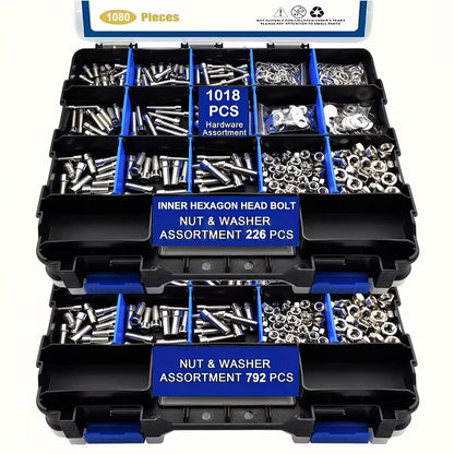 1018 Piece Stainless Steel Metric Hex Socket Cap Screw, Nut & Washer Assortment Kit - M4, M5, M6 & M8 Fasteners with Double-Sided Storage Case