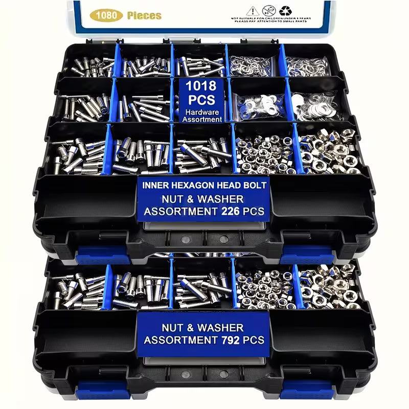 1018 Piece Stainless Steel Metric Hex Socket Cap Screw, Nut & Washer Assortment Kit - M4, M5, M6 & M8 Fasteners with Double-Sided Storage Case