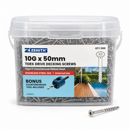 Zenith 10G x 50mm Torx Drive 304 Stainless Steel Decking Screws – 1500 Pack with Countersinking Tool