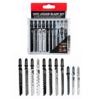 10-Piece T-Shank Jigsaw Blade Set – Wood & Plastic Cutting (HCS)