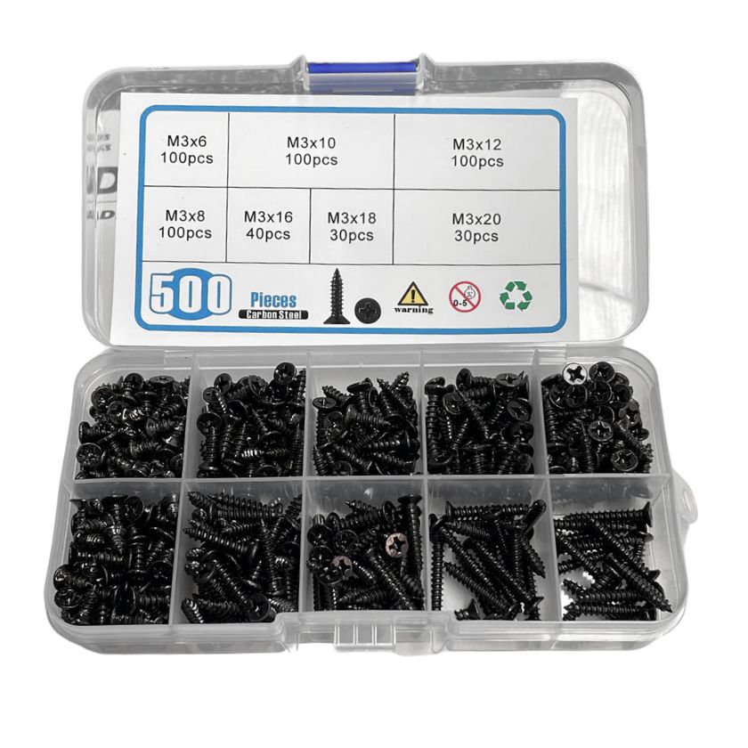 500 Piece M3 Black Flat Head Self-Tapping Screw Assortment Kit – Carbon Steel