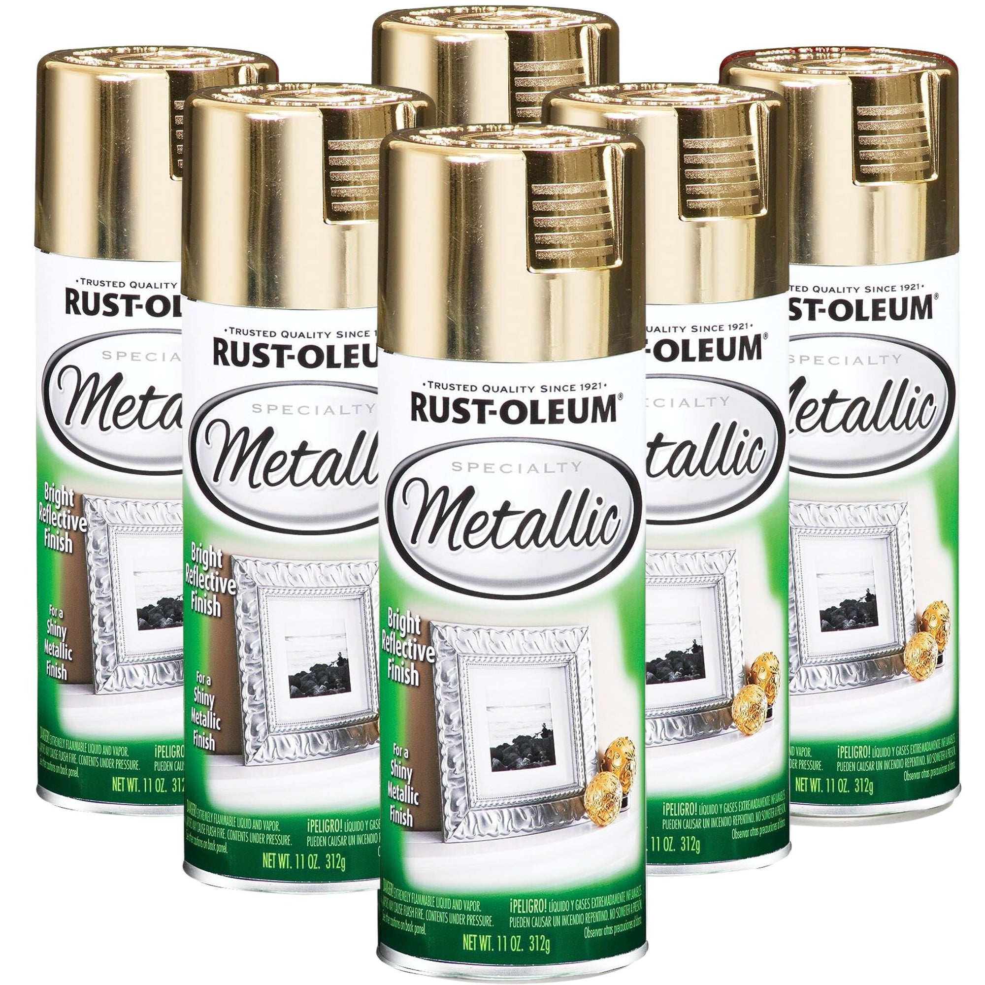 6 Cans | Rust-Oleum Speciality Metallic Bright Reflective Finish - 312g Spray | 1910830 METALLIC GOLD - South East Clearance Centre