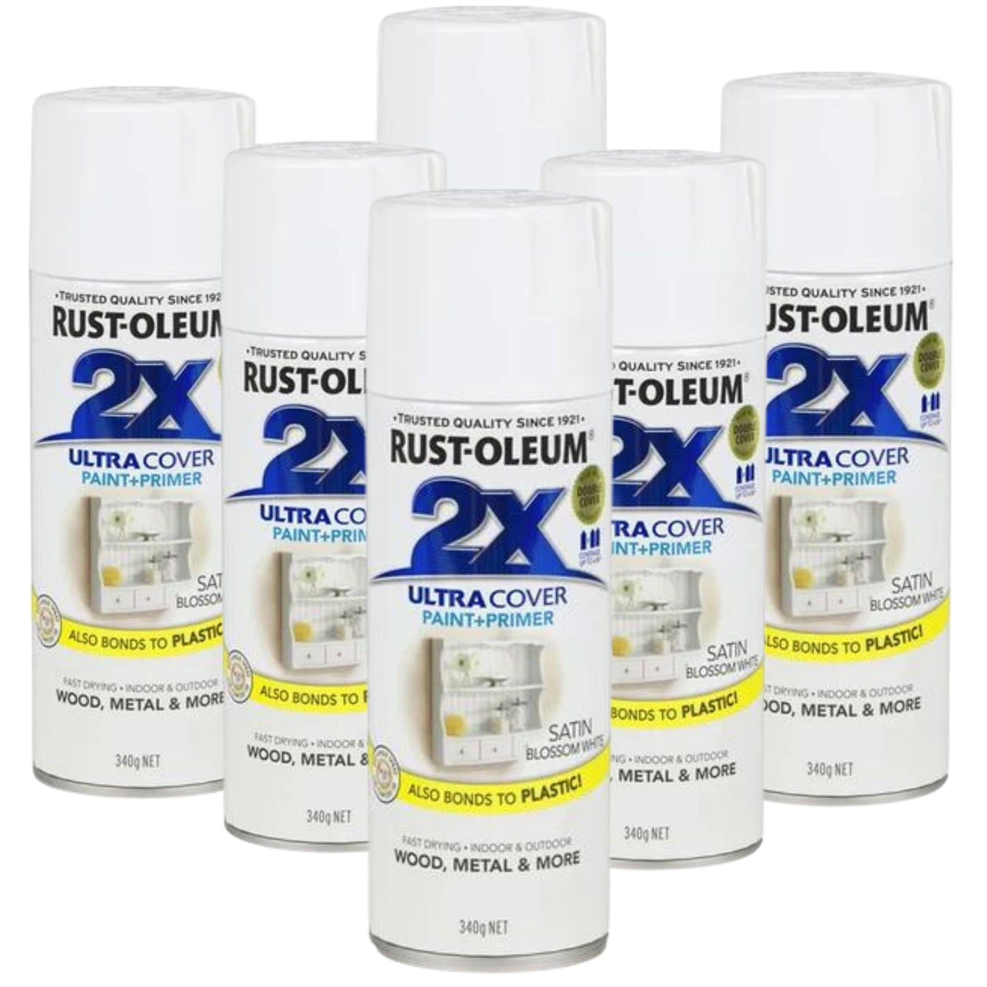 6 Cans | RUST-OLEUM 2X Gloss Paint & Primer Spray Paint 340g | 276316 Satin Blossom White - South East Clearance Centre