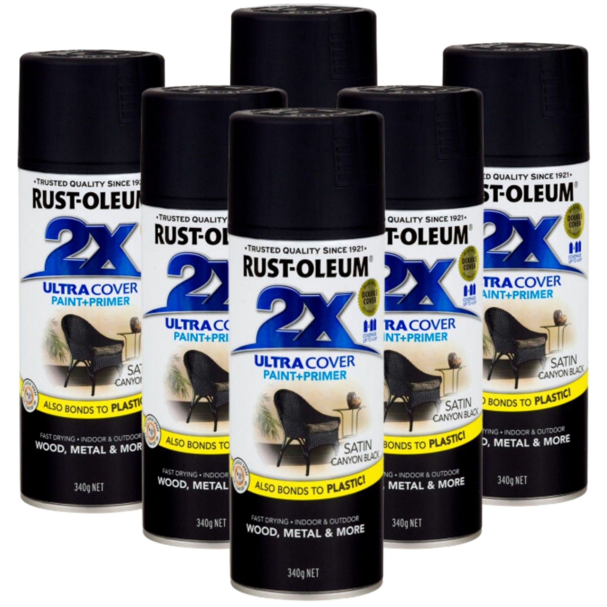 6 Cans | RUST-OLEUM 2X Gloss Paint & Primer Spray Paint 340g | 276317 Satin Canyon Black - South East Clearance Centre