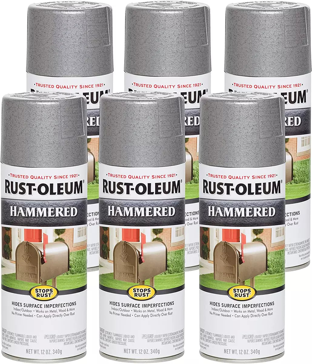 Rust-Oleum 7213830 Hammered Metal Finish Spray, Silver, 340g (6 CANS) - South East Clearance Centre