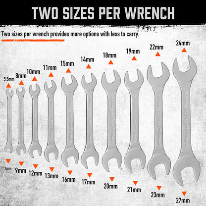 19 Piece Super-Thin Open End Wrench Set with Rolling Pouch, Imperial & Metric, 1/4" to 1-1/16" and 5.5mm to 27mm Slim Spanner Wrench Set - South East Clearance Centre