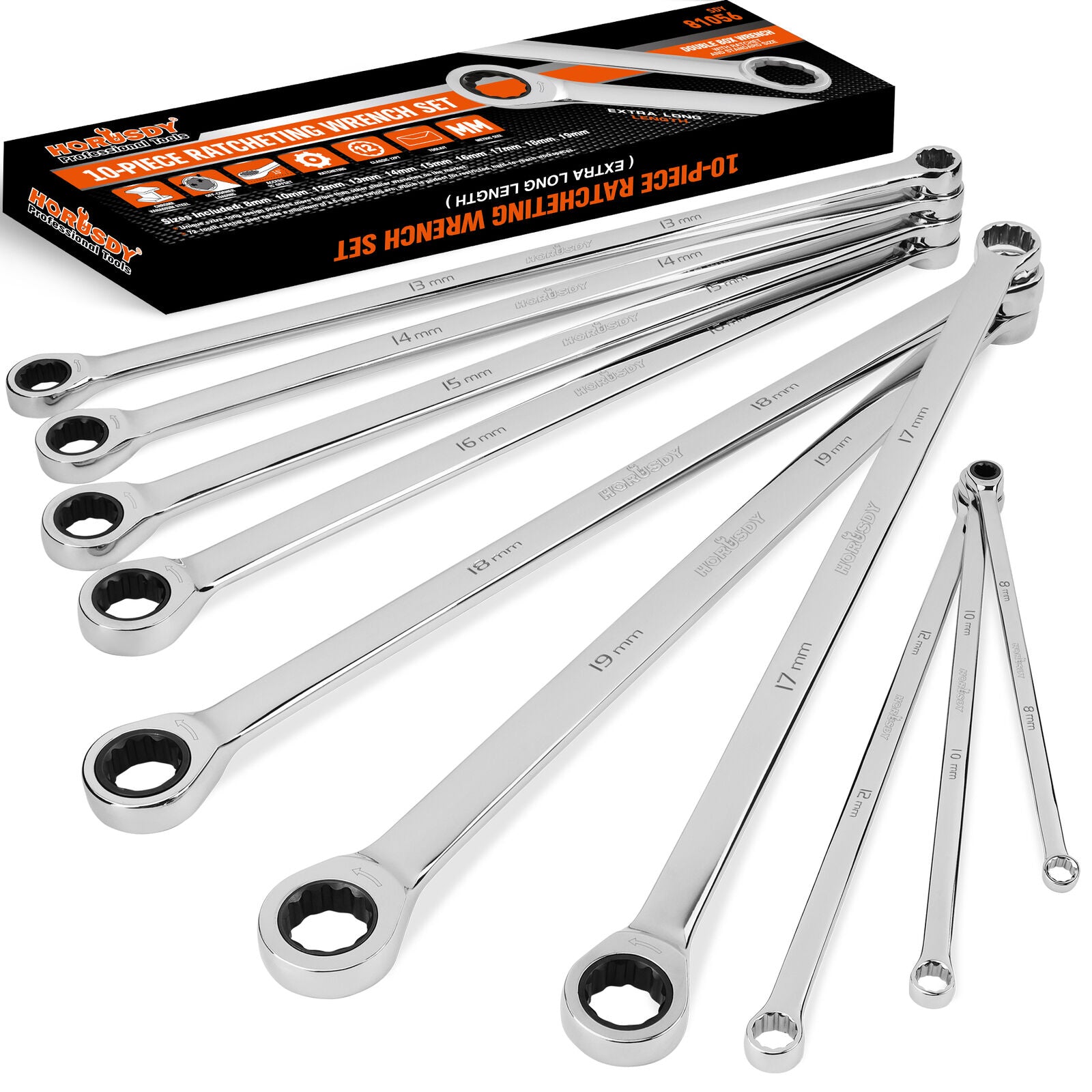 10 Piece Extra Long Ratchet Spanner Set Aviation Double End 8-19mm - South East Clearance Centre