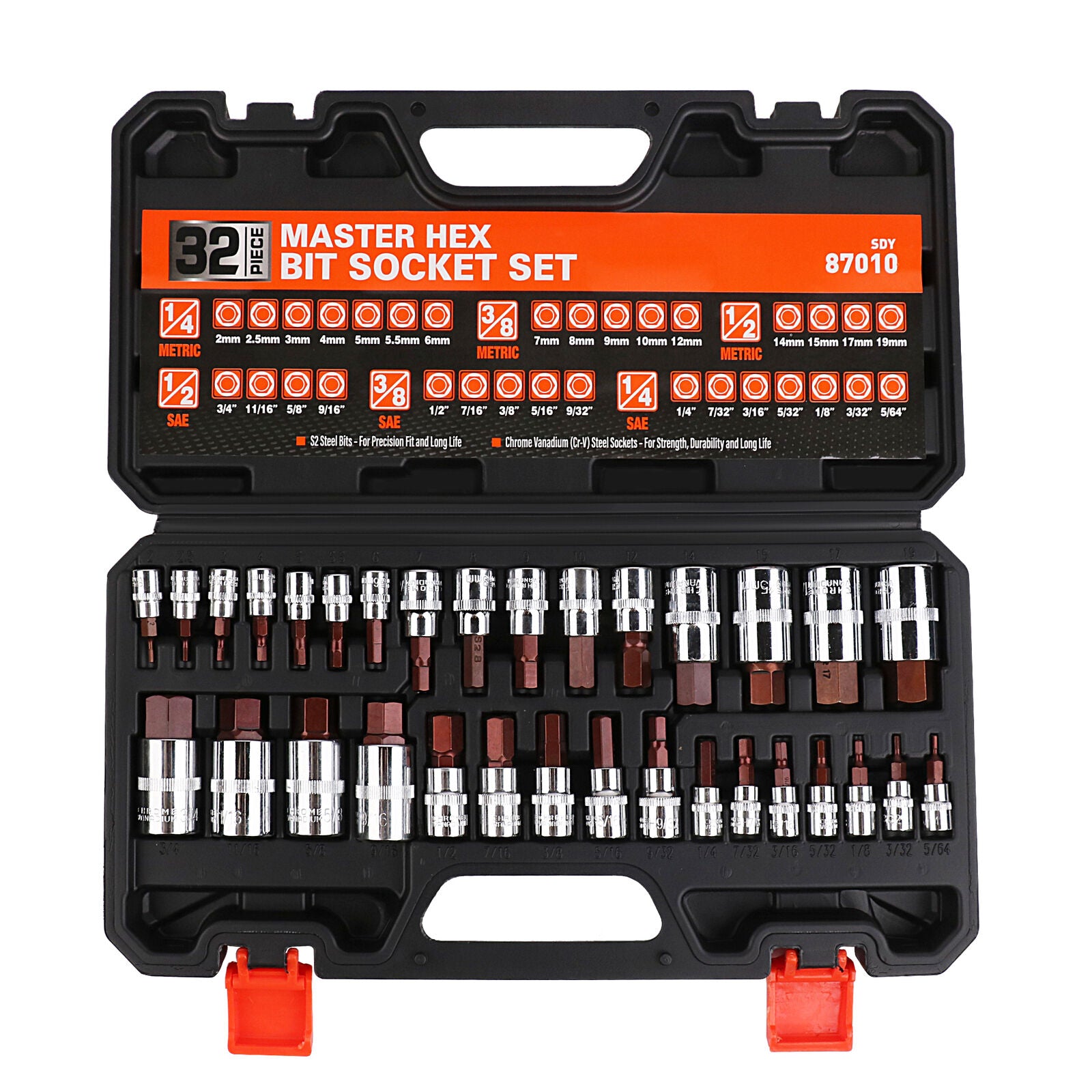 32Pcs Hex Bit Socket Set S2 Steel Allen Key 1/4" 3/8" 1/2" Drive SAE & Metric - South East Clearance Centre