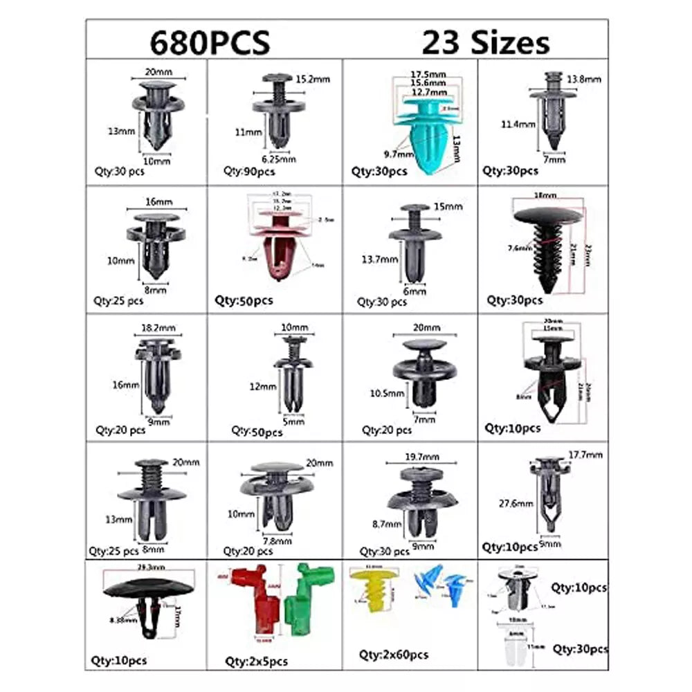 680 Piece Car Retainer Clip & Fasteners Kit 23 Sizes Automotive Push Assortment Kit - South East Clearance Centre