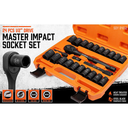 24 Pcs 1/2" Drive Impact Socket Set SAE Metric Extension Bar Ratchet - South East Clearance Centre