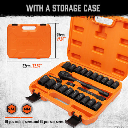 24 Pcs 1/2" Drive Impact Socket Set SAE Metric Extension Bar Ratchet - South East Clearance Centre