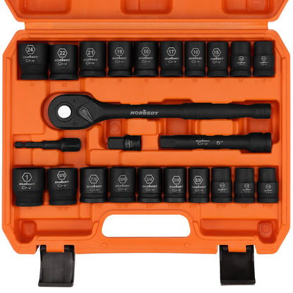 24 Pcs 1/2" Drive Impact Socket Set SAE Metric Extension Bar Ratchet - South East Clearance Centre