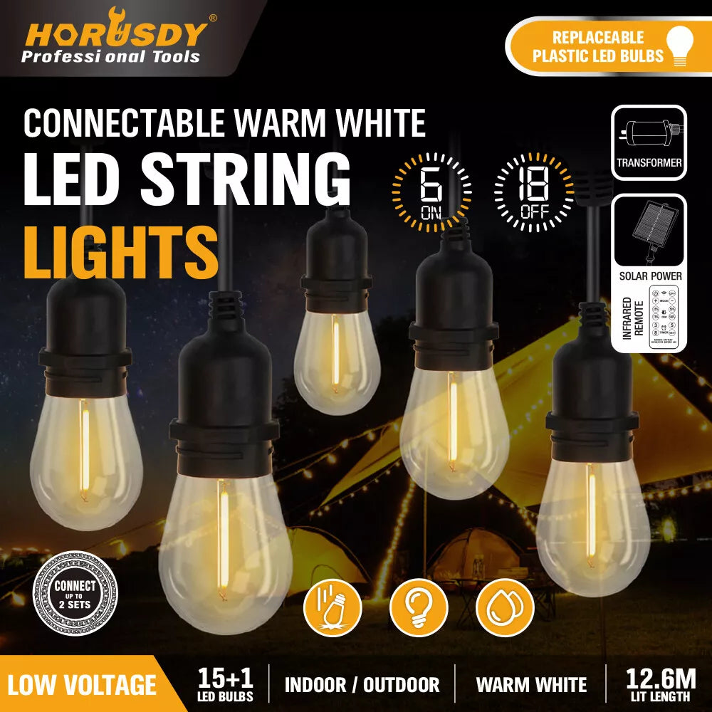 60FT 15LED Solar Powered Festoon String Light Outdoor Bulbs Xmas Wedding