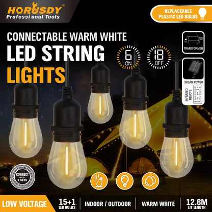 60FT 15LED Solar Powered Festoon String Light Outdoor Bulbs Xmas Wedding
