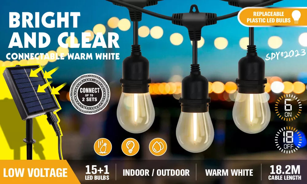 60FT 15LED Solar Powered Festoon String Light Outdoor Bulbs Xmas Wedding