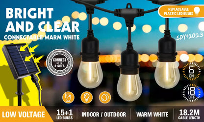 60FT 15LED Solar Powered Festoon String Light Outdoor Bulbs Xmas Wedding