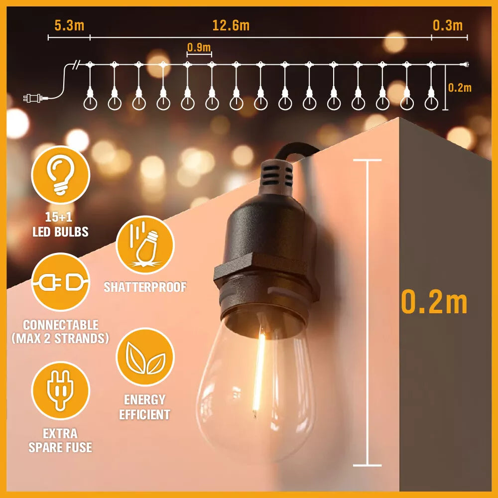 60FT 15LED Solar Powered Festoon String Light Outdoor Bulbs Xmas Wedding