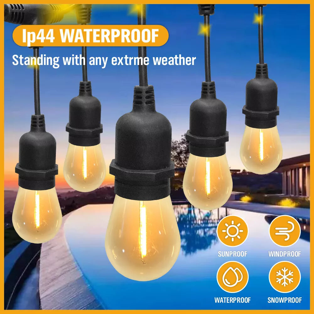 60FT 15LED Solar Powered Festoon String Light Outdoor Bulbs Xmas Wedding