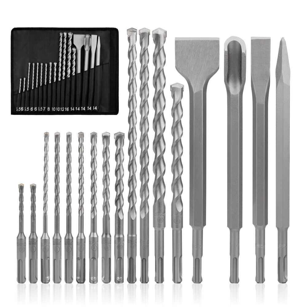 17Pcs Drill Bit & Chisel Set - SDS Plus Rotary Hammer Masonry Concrete Brick - South East Clearance Centre