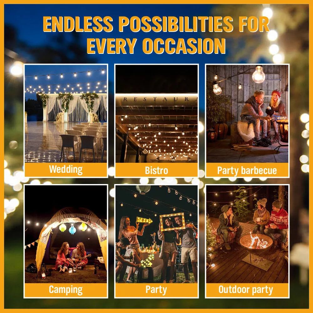 60FT 15LED Solar Powered Festoon String Light Outdoor Bulbs Xmas Wedding