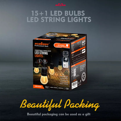 60FT 15LED Solar Powered Festoon String Light Outdoor Bulbs Xmas Wedding