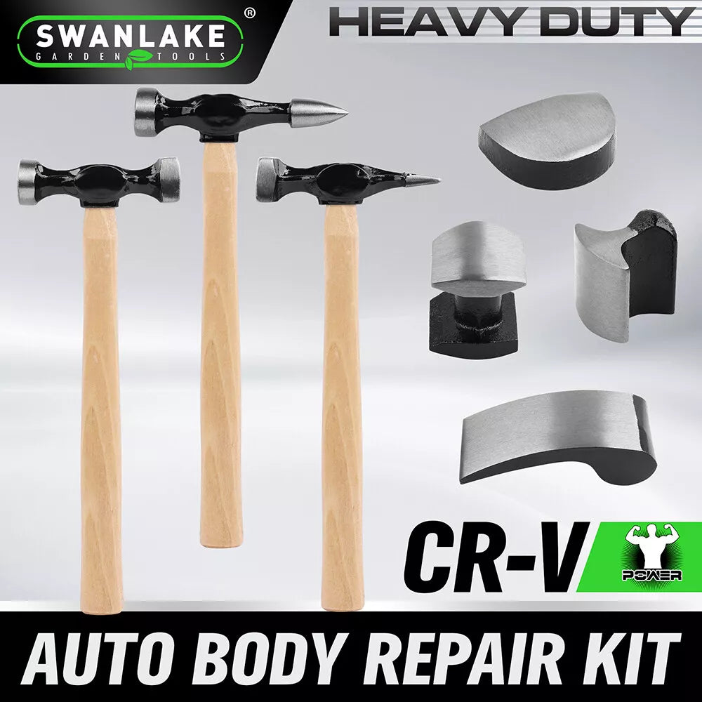 7 Piece Dolly Car Dent Dint Auto Body Panel Repair Tool Kit Wooden Handles Beating Hammers - South East Clearance Centre