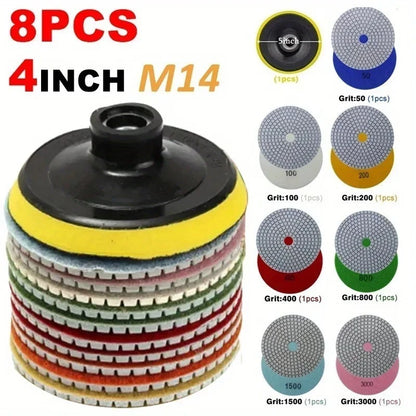 8 Piece 4" Diamond Polishing Pad Kit with M14 Backing Pad | Wet & Dry Stone Polishing Set (50–3000 Grit)