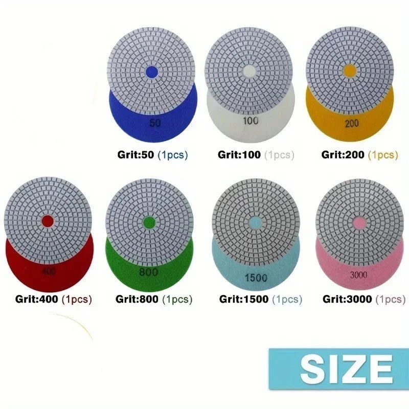 8 Piece 4" Diamond Polishing Pad Kit with M14 Backing Pad | Wet & Dry Stone Polishing Set (50–3000 Grit)