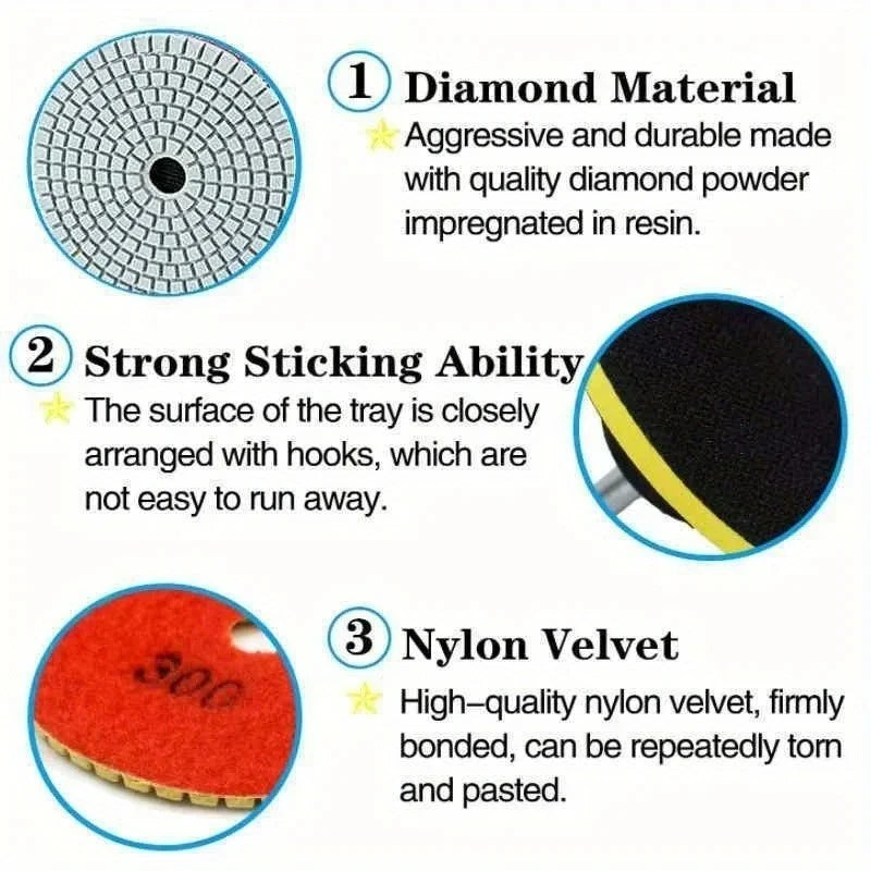 8 Piece 4" Diamond Polishing Pad Kit with M14 Backing Pad | Wet & Dry Stone Polishing Set (50–3000 Grit)