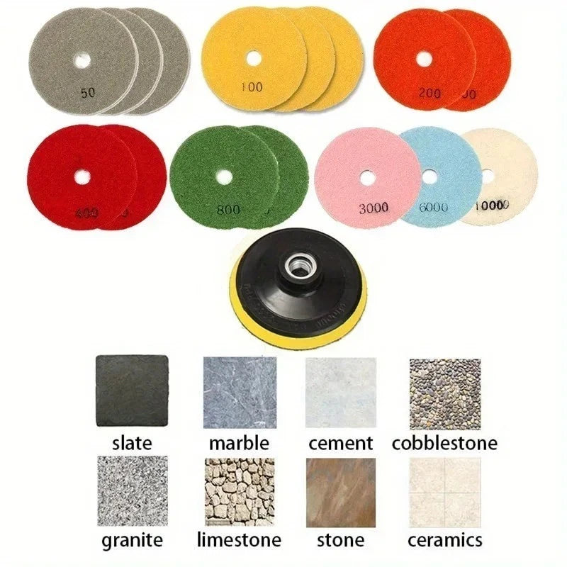 8 Piece 4" Diamond Polishing Pad Kit with M14 Backing Pad | Wet & Dry Stone Polishing Set (50–3000 Grit)