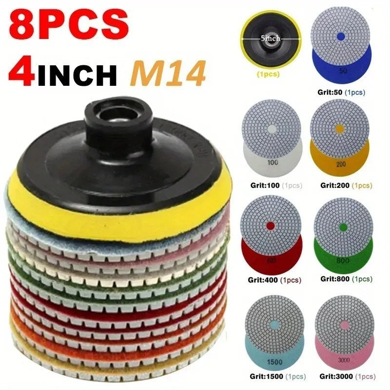 8 Piece 4" Diamond Polishing Pad Kit with M14 Backing Pad | Wet & Dry Stone Polishing Set (50–3000 Grit)